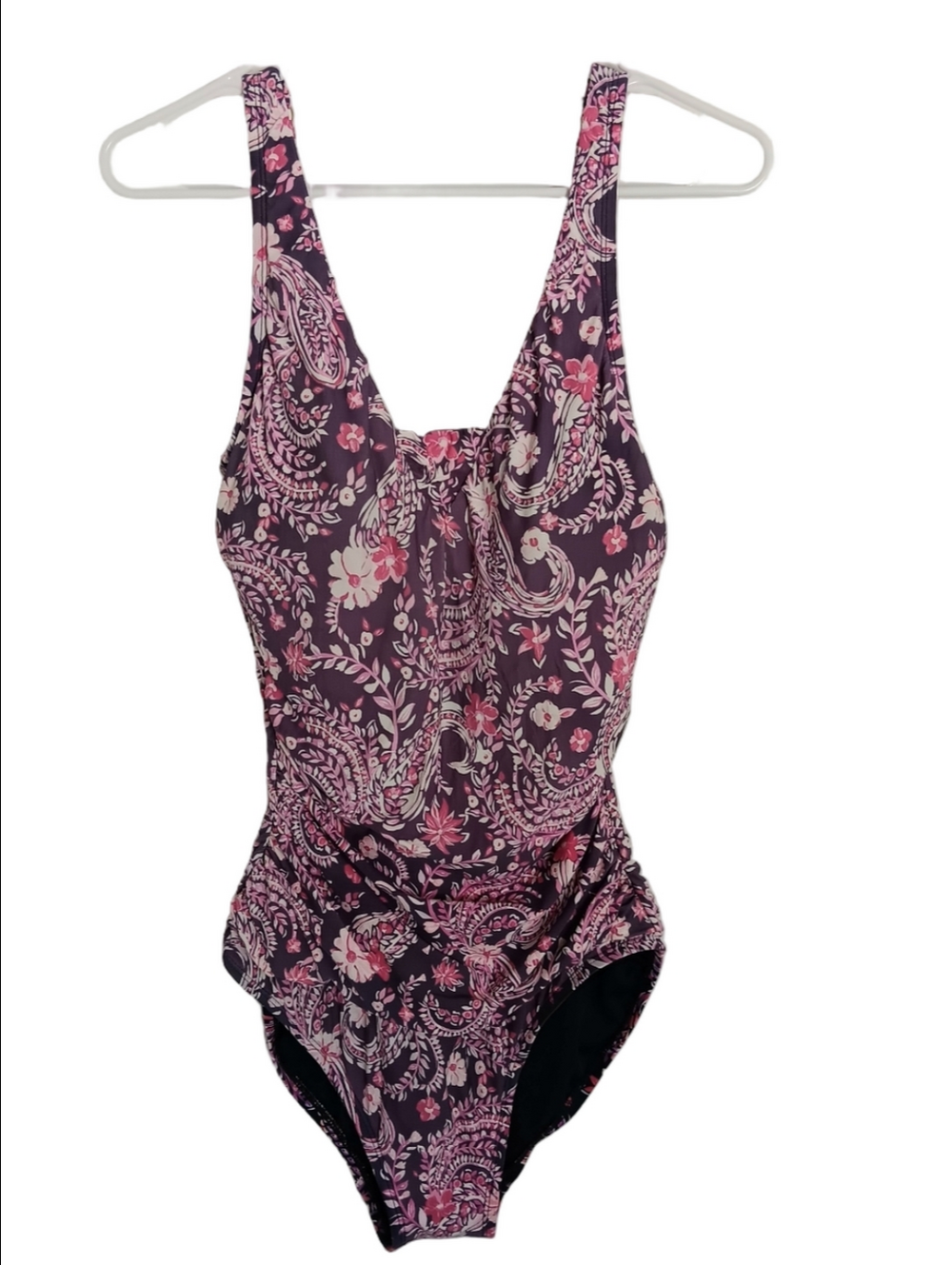 Lands' End Purple One-Piece Swimsuit with Pink & Cream Paisley Slender Grecian S